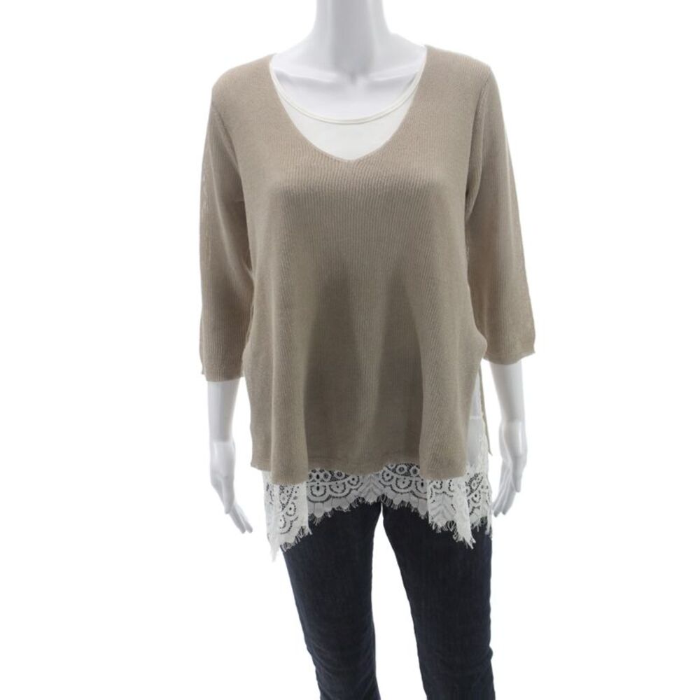 Bianca Women Beige V-Neck 3/4 Sleeve Tunic Viscose Blend Boho Size 8
